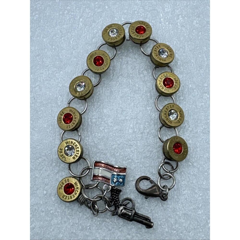 Winchester 38 SPL Bullet Shell Charm Bracelet Western Jewelry Red/Clear Crystals
